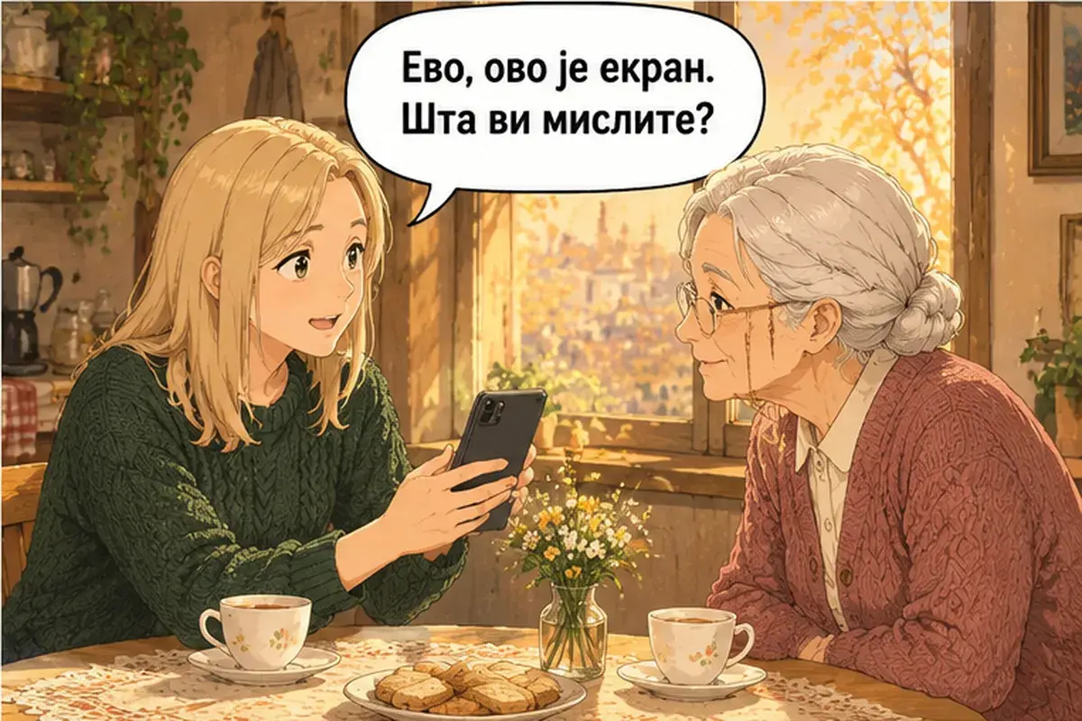 Кадр 4 из 12 к тексту «Аня, а чем вы занимаетесь?»: «Вот, это экран. Что вы думаете?»