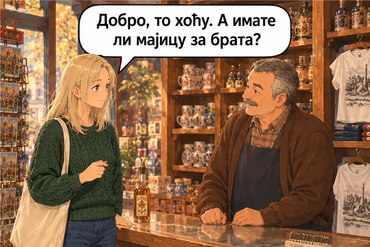 Кадр 12 из 14 к тексту «Я ищу подарки для семьи»: «Хорошо, беру. А есть ли у вас футболка для брата?»