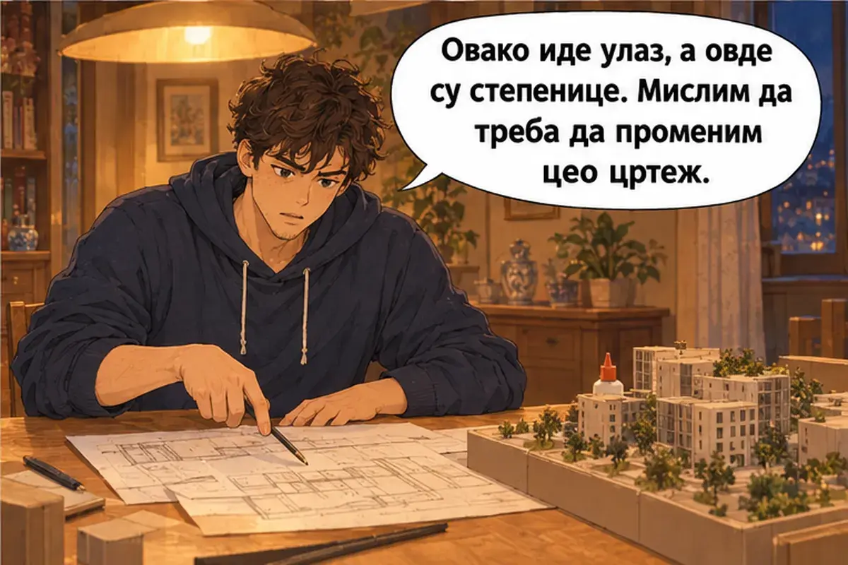 Кадр 8 из 14 к тексту «Расслабься и держись»: «Вот так идёт вход, а здесь лестница. Думаю, надо переделать весь чертёж.»