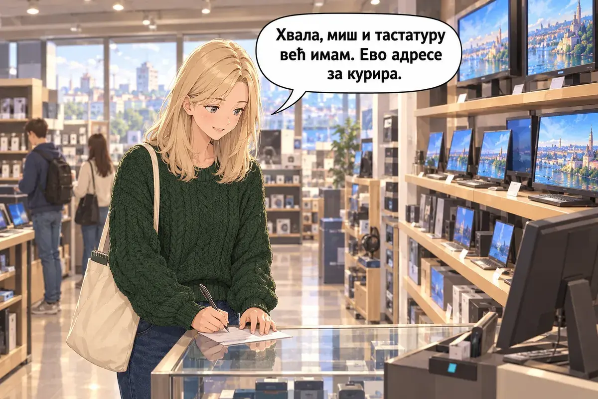Кадр 15 из 15 к тексту «Этот монитор больше, но и дороже»: «Спасибо, мышь и клавиатура у меня уже есть. Вот адрес для курьера.»
