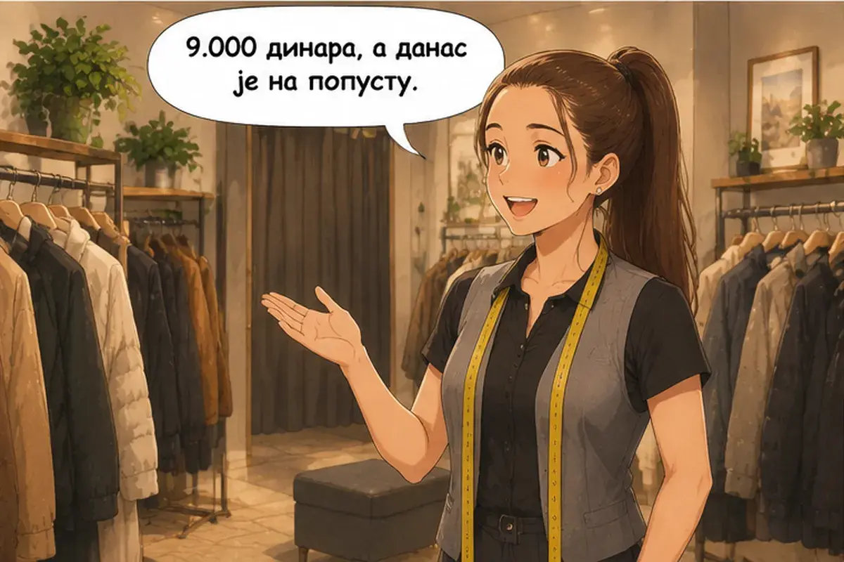 Кадр 11 из 14 к тексту «Можно примерить вон ту чёрную?»: «9 000 динаров, а сегодня на неё скидка.»