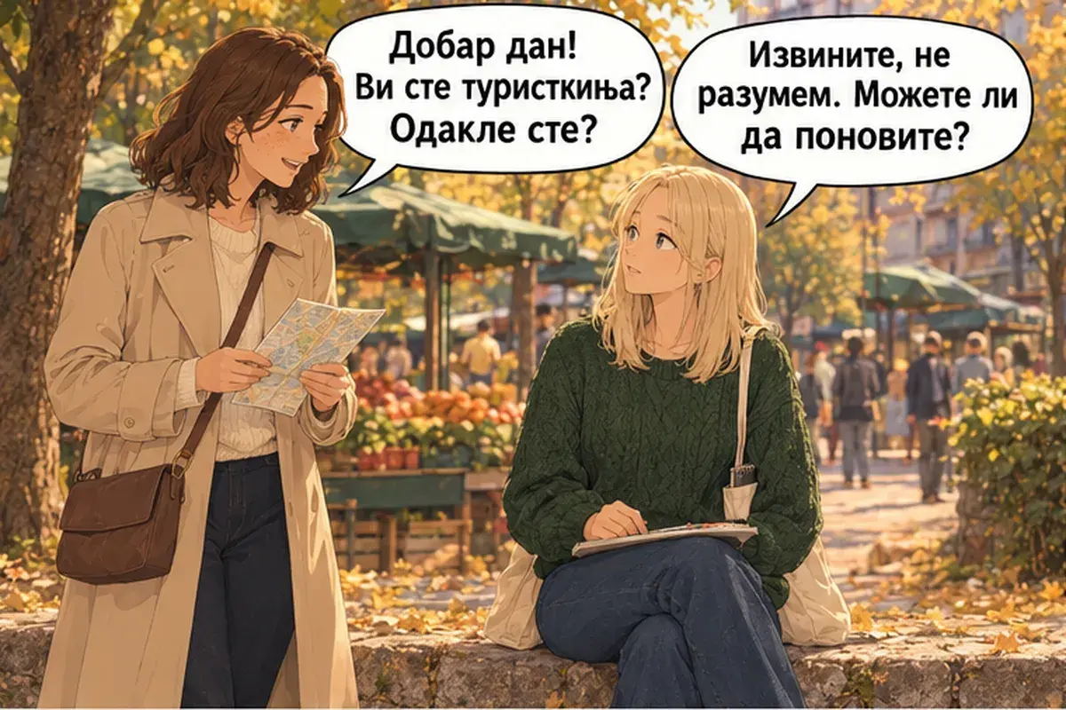 Кадр 1 из 8 к тексту «Откуда вы, из России?»: «Добрый день! Вы туристка? Откуда вы?» «Извините, я не понимаю. Вы не могли бы повторить?»