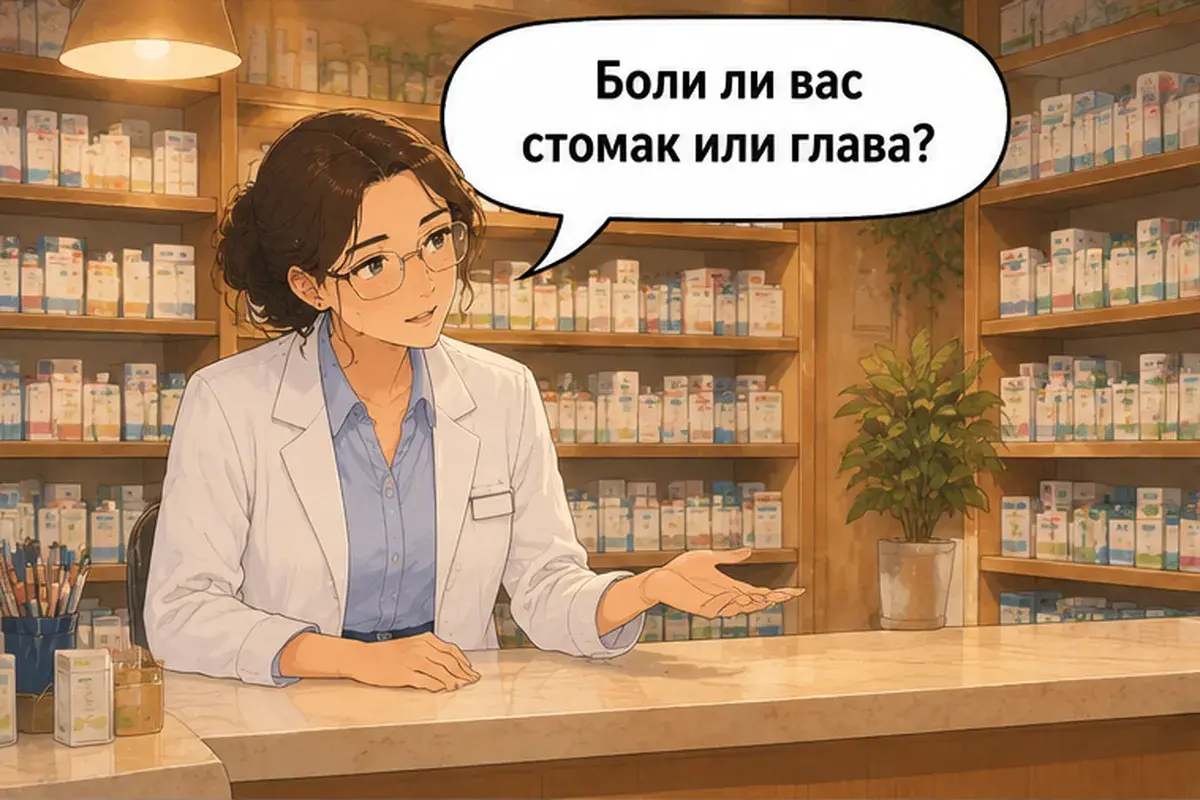 Кадр 5 из 16 к тексту «У меня болит горло»: «У вас болит живот или голова?»