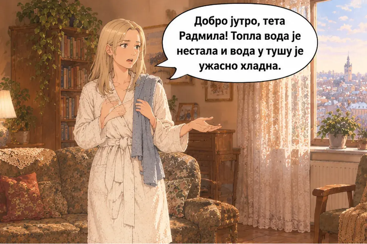 Кадр 1 из 15 к тексту «Никто не отвечает»: «Доброе утро, тётя Радмила! Горячая вода пропала, и вода в душе ужасно холодная.»