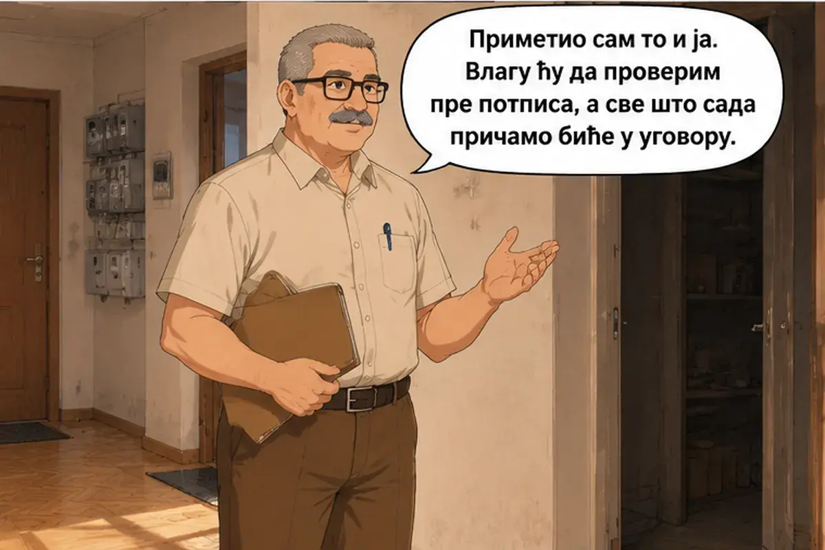 Кадр 7 из 15 к тексту «Электричество вы платите отдельно»: «Я это тоже заметил. Сырость я проверю до подписания, а всё, о чём мы сейчас говорим, будет в договоре.»