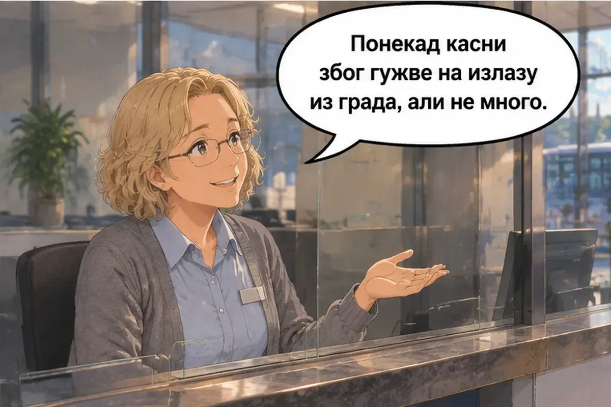 Кадр 12 из 16 к тексту «Один билет до Ниша на сегодня после обеда»: «Иногда опаздывает из-за толчеи на выезде из города, но не сильно.»