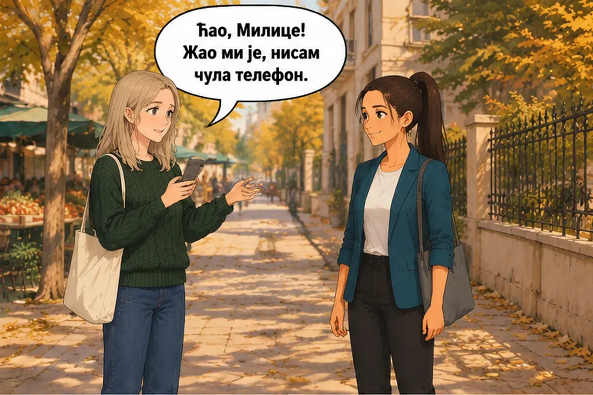 Кадр 2 из 13 к тексту «Я звонила тебе вчера»: «Привет, Милица! Мне жаль, я не слышала телефон.»