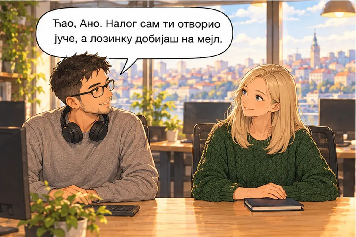 Кадр 7 из 16 к тексту «Пусть Душан покажет вам систему»: «Привет, Аня. Учётную запись я тебе открыл вчера, а пароль получишь на почту.»