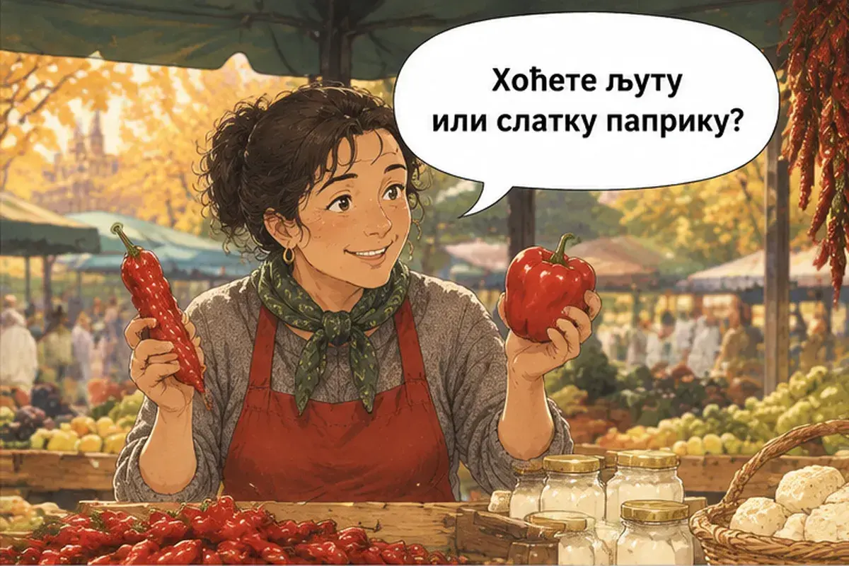 Кадр 6 из 14 к тексту «У вас есть каймак?»: «Вам острый или сладкий перец?»