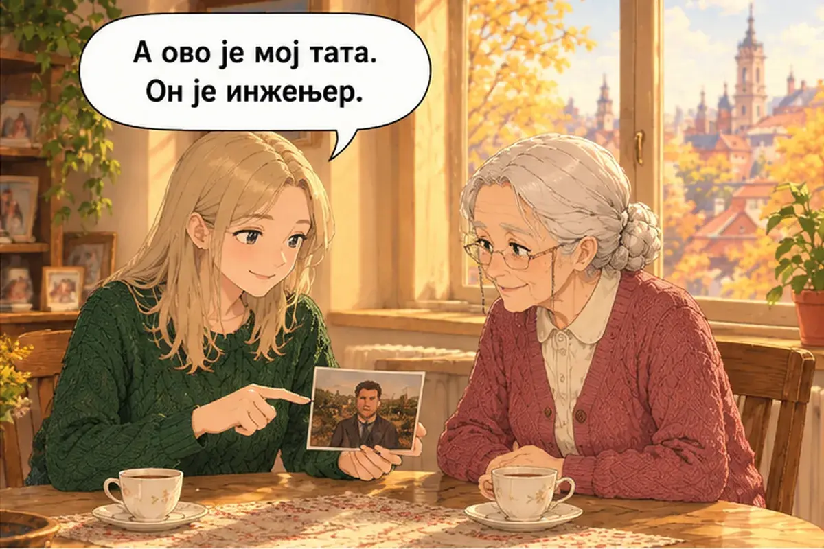 Кадр 6 из 13 к тексту «Это моя семья на фото»: «А это мой папа. Он инженер.»