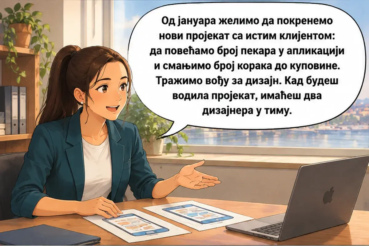 Кадр 9 из 15 к тексту «Когда будешь вести проект»: «С января мы хотим запустить новый проект с тем же клиентом: увеличить число пекарен в приложении и сократить число шагов до покупки. Нам нужен руководитель по…