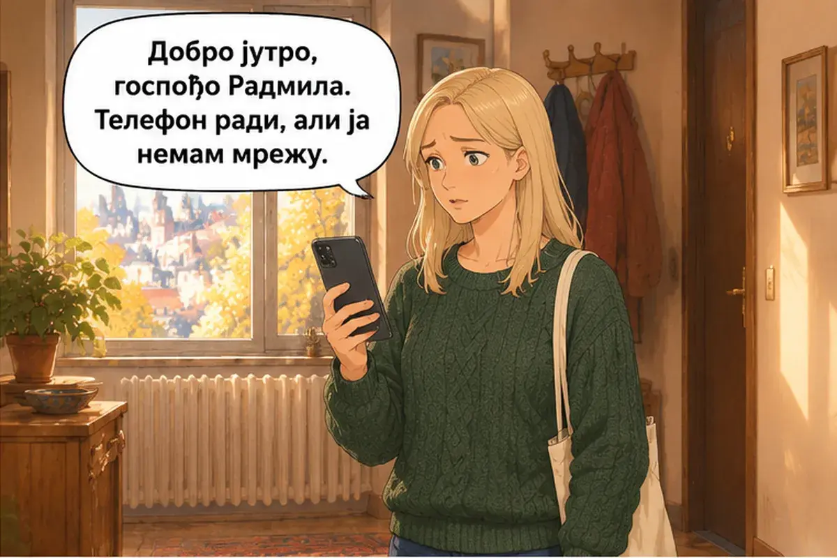 Кадр 2 из 11 к тексту «Без проблем, это пустяк.»: «Доброе утро, госпожа Радмила. Телефон работает, но у меня нет связи.»