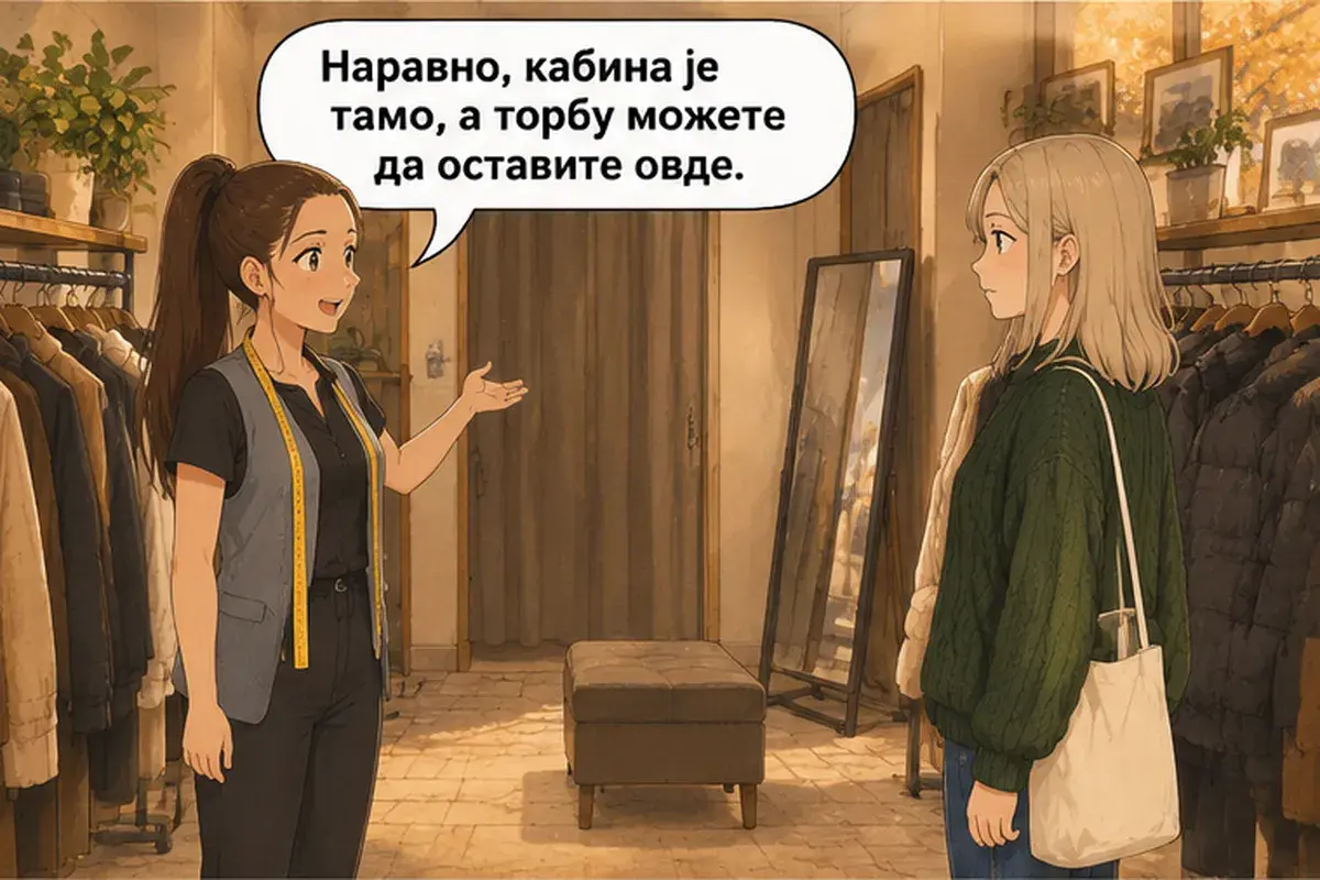Кадр 5 из 14 к тексту «Можно примерить вон ту чёрную?»: «Конечно, примерочная там, а сумку можете оставить здесь.»