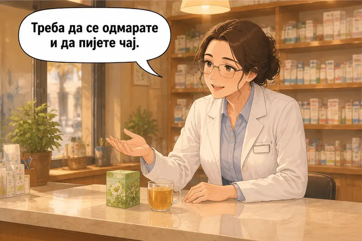 Кадр 15 из 16 к тексту «У меня болит горло»: «Вам нужно отдыхать и пить чай.»