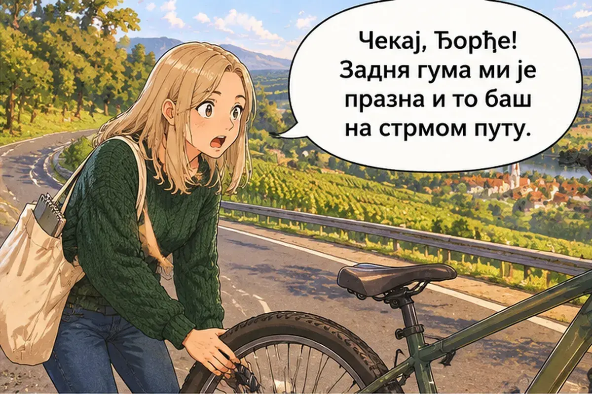 Кадр 10 из 16 к тексту «Ещё немного в гору, а потом всё под гору»: «Подожди, Джордже! Задняя шина у меня спущена, и именно на крутой дороге.»