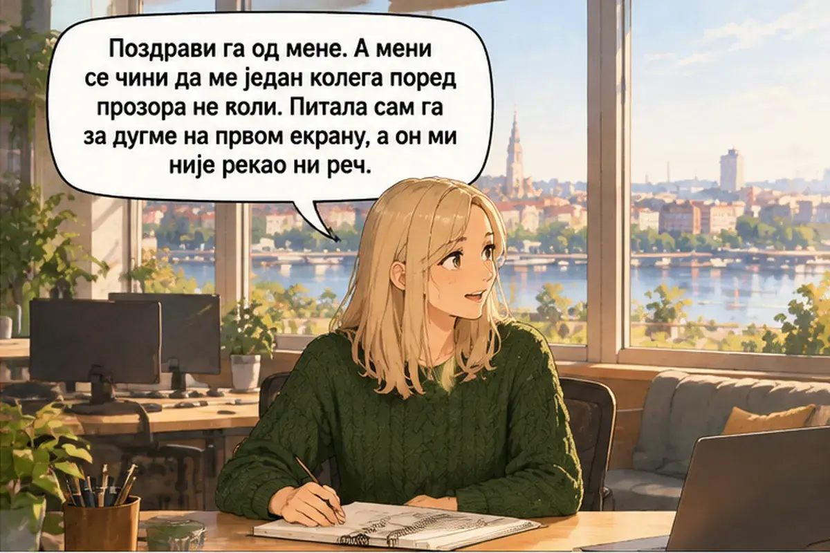 Кадр 2 из 12 к тексту «Тестировщик, с которым ты будешь работать, сидит у окна»: «Передавай ему привет от меня. А мне кажется, что меня не любит один коллега у окна. Я спросила его про кнопку на первом экране, а он не…