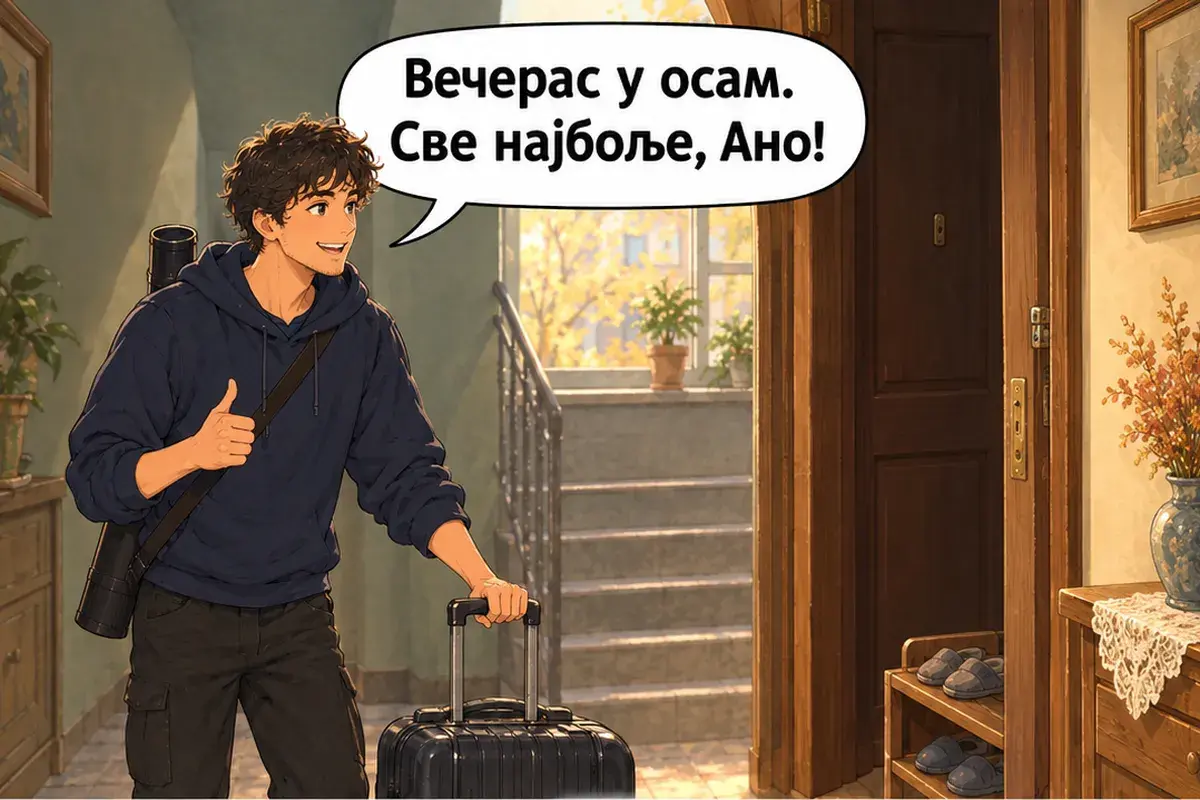 Кадр 13 из 14 к тексту «Счастливого пути! Приезжайте ещё!»: «Сегодня вечером в восемь. Всего наилучшего, Аня!»