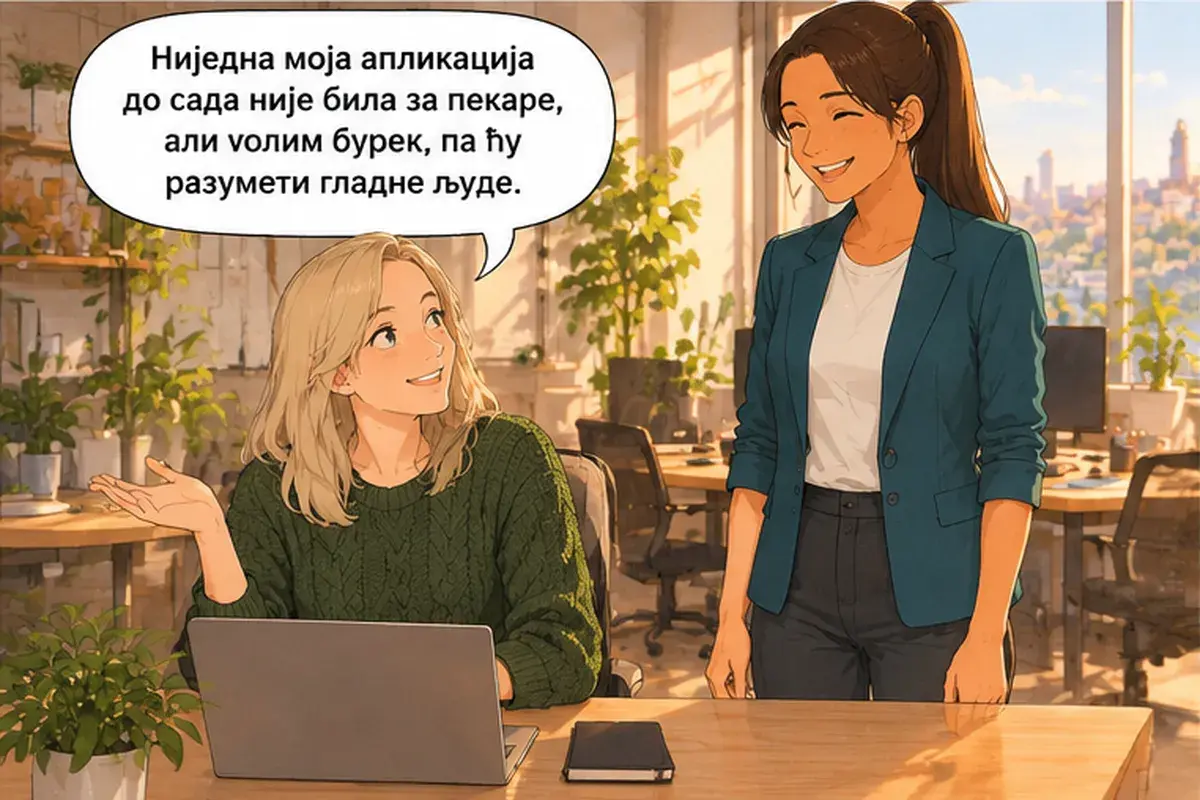 Кадр 11 из 16 к тексту «Пусть Душан покажет вам систему»: «Ни одно моё приложение раньше не было для пекарен, но я люблю бурек, так что голодных людей пойму.»