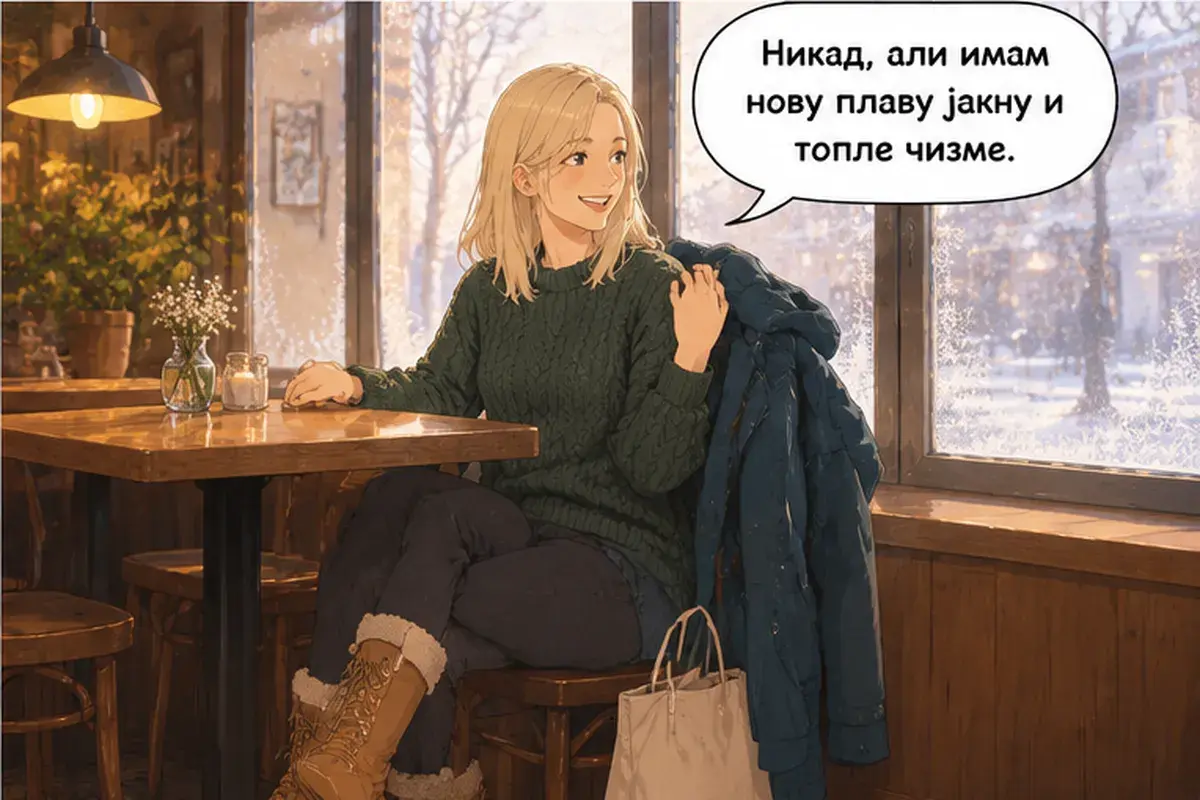 Кадр 4 из 7 к тексту «Я приехала два часа назад»: «Никогда, но у меня есть новая синяя куртка и тёплые сапоги.»