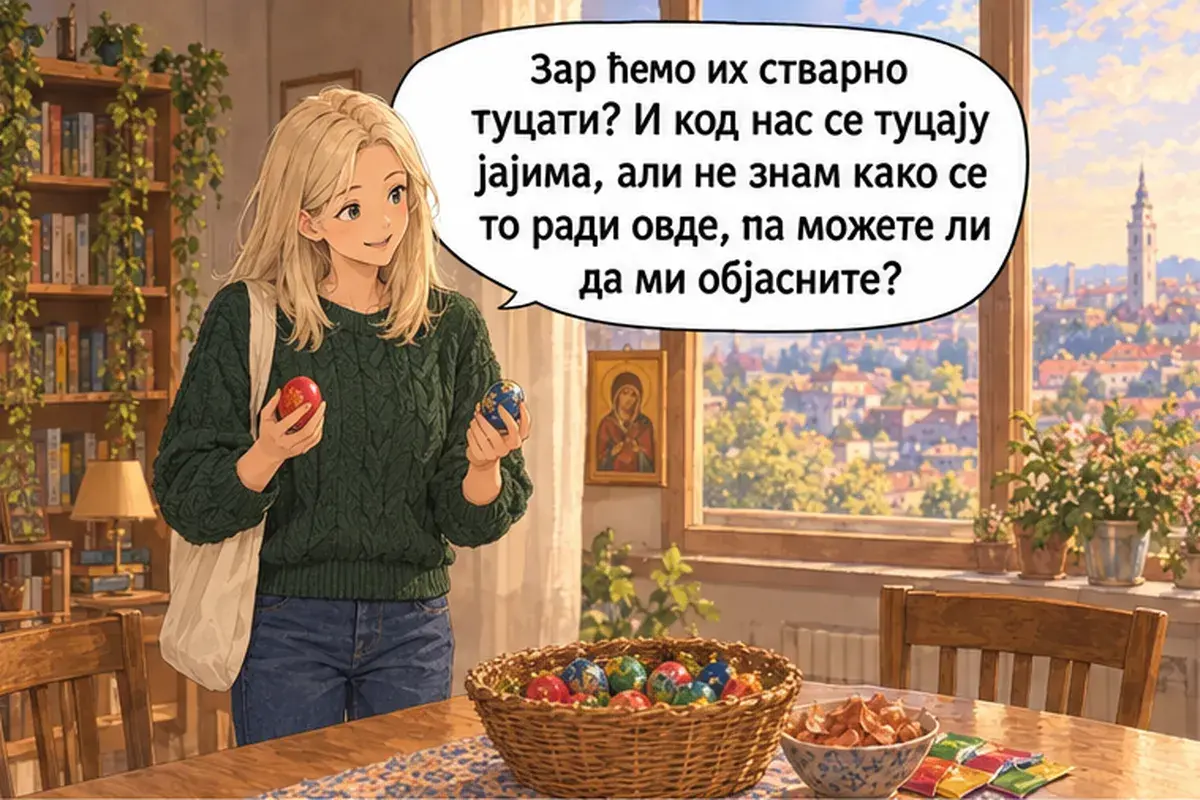 Кадр 5 из 13 к тексту «Чьё это яйцо?»: «Неужели мы правда будем ими биться? У нас тоже бьются яйцами, но я не знаю, как это делается здесь, так можете мне объяснить?»