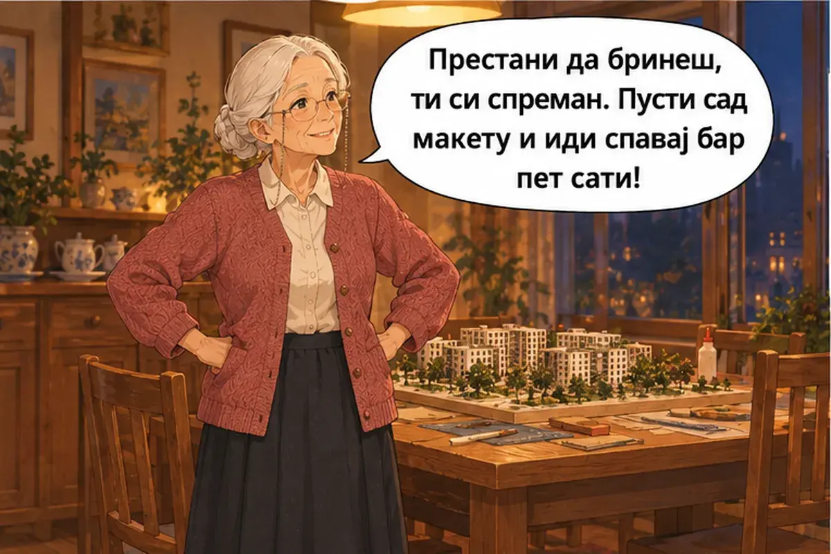 Кадр 11 из 14 к тексту «Расслабься и держись»: «Перестань волноваться, ты готов. Оставь сейчас макет и иди спать хотя бы на пять часов!»