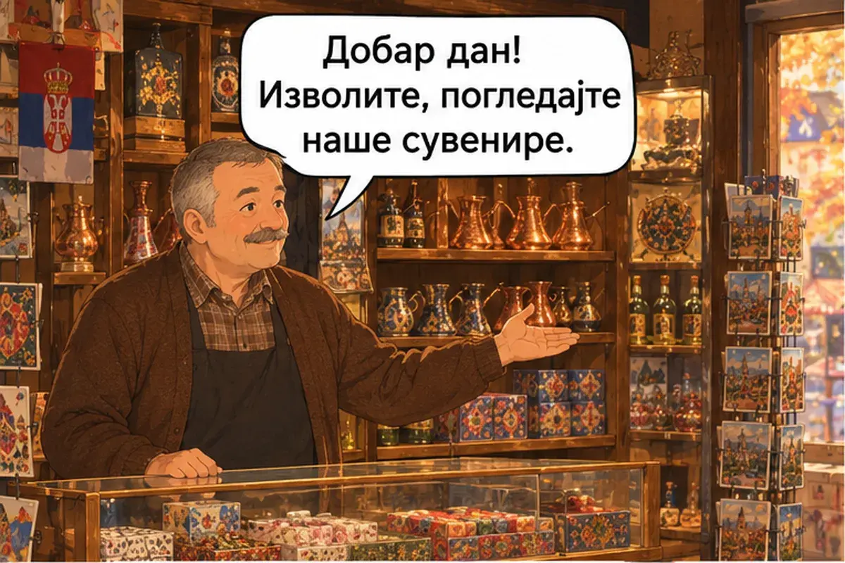 Кадр 1 из 14 к тексту «Я ищу подарки для семьи»: «Добрый день! Пожалуйста, посмотрите наши сувениры.»
