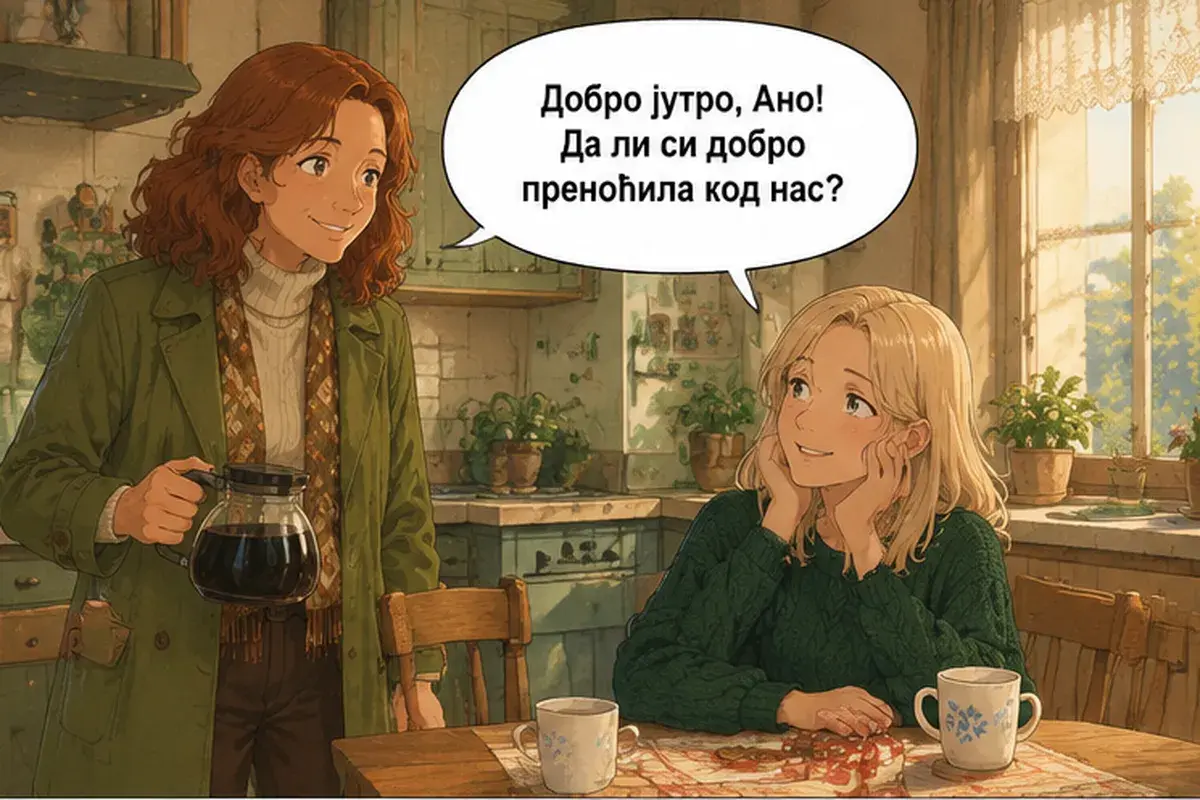 Кадр 1 из 14 к тексту «У нас с тобой всё утро свободно»: «Доброе утро, Аня! Ты хорошо переночевала у нас?»