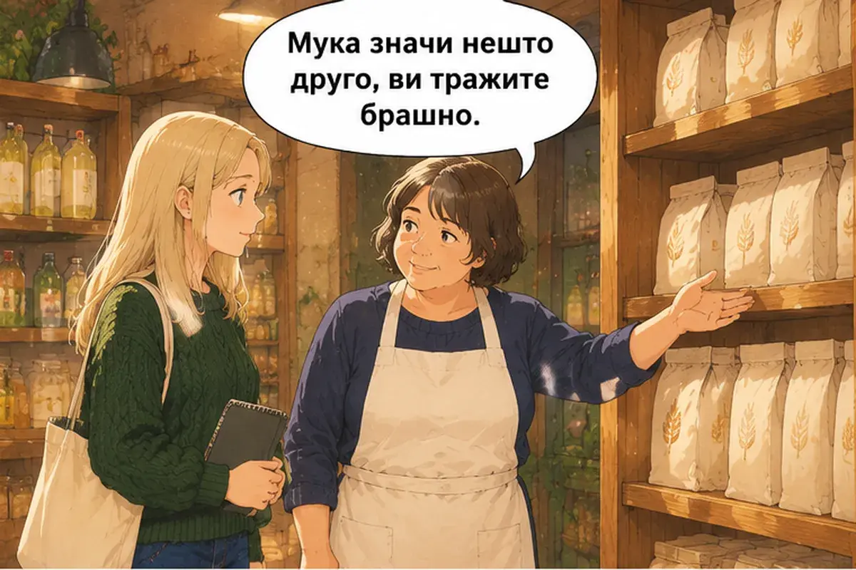 Кадр 2 из 14 к тексту «Подскажите, где касса?»: ««Muka» значит совсем другое, вы ищете муку.»