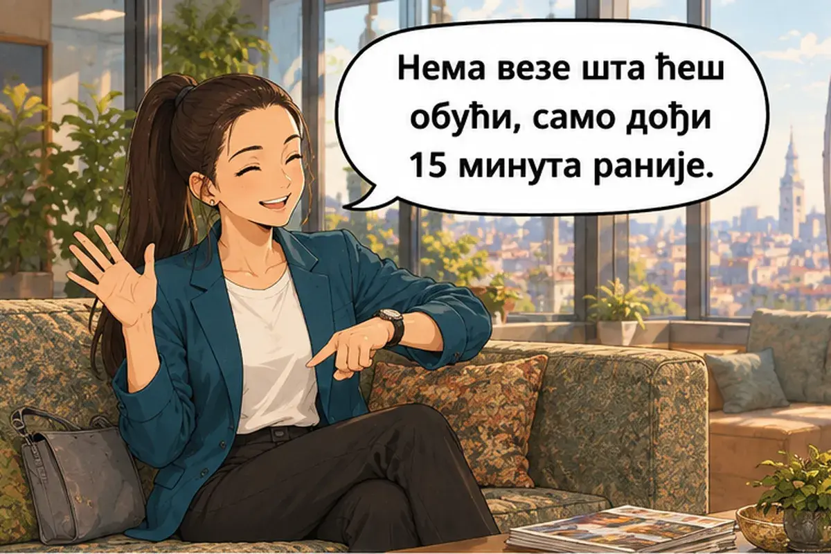 Кадр 5 из 8 к тексту «Пришла бы ты на собеседование?»: «Неважно, что ты наденешь, только приходи на 15 минут раньше.»