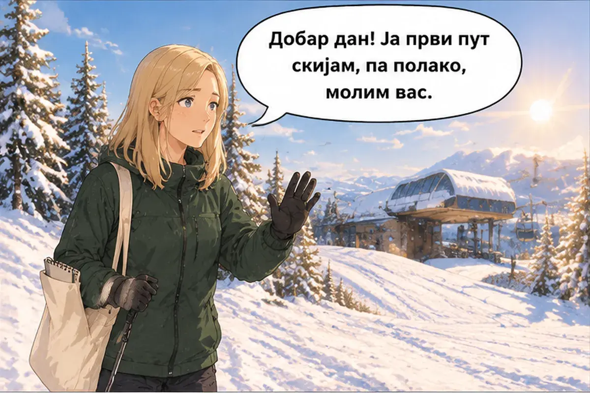 Кадр 9 из 15 к тексту «Не смотри вниз!»: «Добрый день! Я катаюсь на лыжах в первый раз, так что не спешите, пожалуйста.»