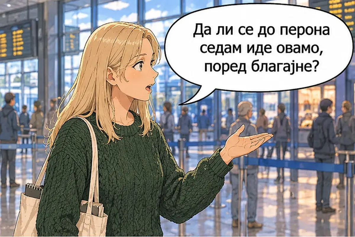 Кадр 9 из 16 к тексту «Один билет до Ниша на сегодня после обеда»: «К седьмой платформе идти сюда, мимо кассы?»