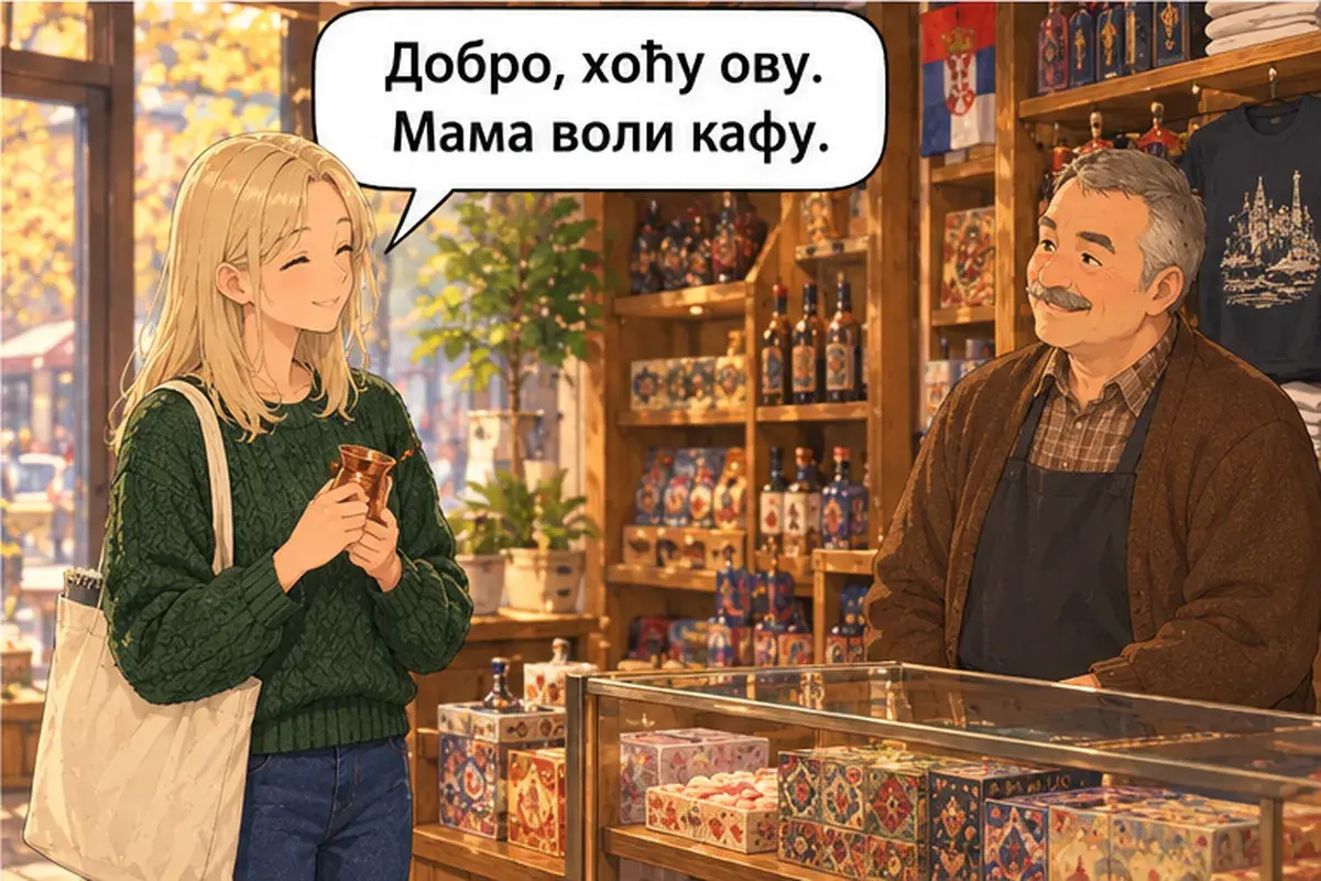 Кадр 8 из 14 к тексту «Я ищу подарки для семьи»: «Хорошо, беру эту. Мама любит кофе.»