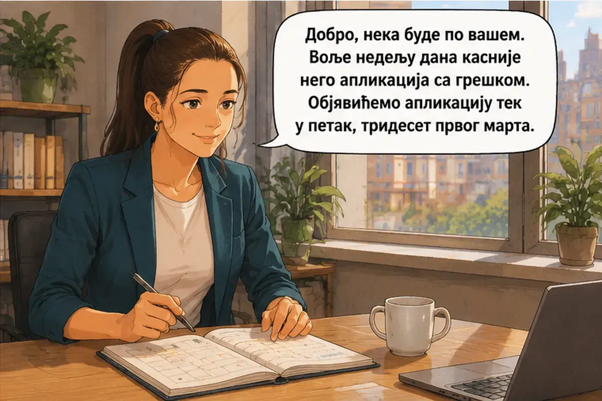 Кадр 8 из 13 к тексту «Я не могу каждый вечер работать до десяти»: «Хорошо, пусть будет по-вашему. Лучше неделей позже, чем приложение с ошибкой. Выпустим приложение только в пятницу, тридцать первого марта.»
