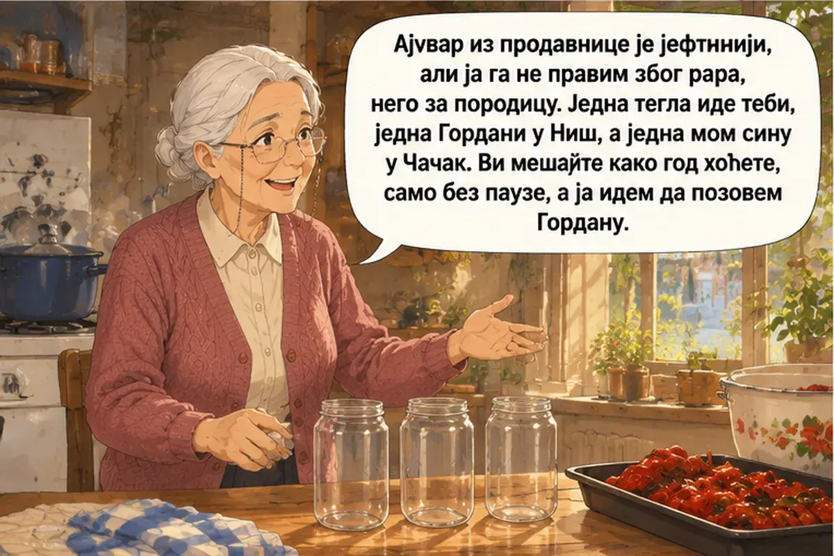 Кадр 11 из 13 к тексту «Айвар не делают на скорую руку»: «Айвар из магазина дешевле, но я делаю его не ради денег, а для семьи. Одна банка тебе, одна Гордане в Ниш, а одна моему сыну в Чачак. Мешайте как хотите, только…