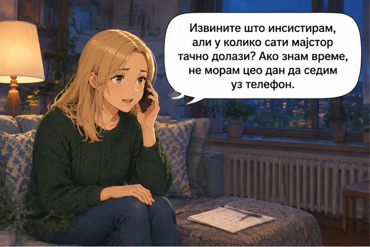 Кадр 9 из 13 к тексту «Я звонила вам и вчера»: «Извините, что настаиваю, но во сколько мастер точно придёт? Если я знаю время, мне не нужно целый день сидеть у телефона.»