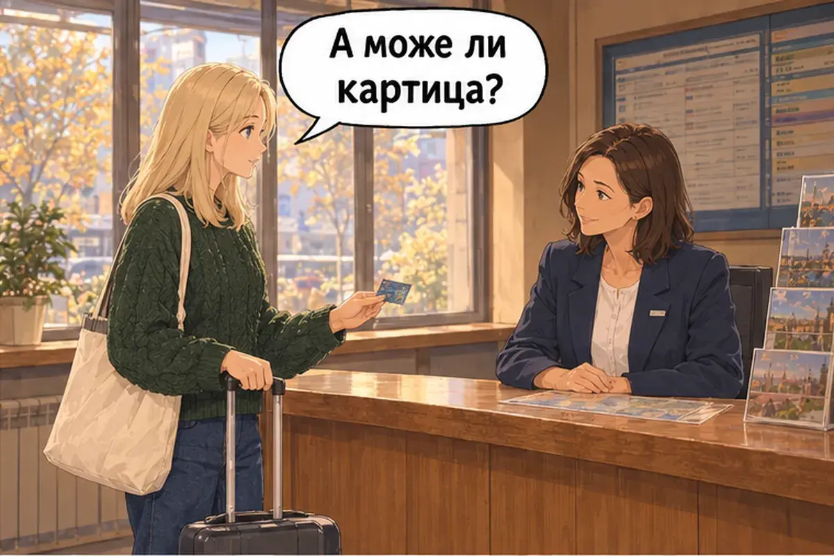 Кадр 6 из 12 к тексту «Как доехать до центра?»: «А можно картой?»