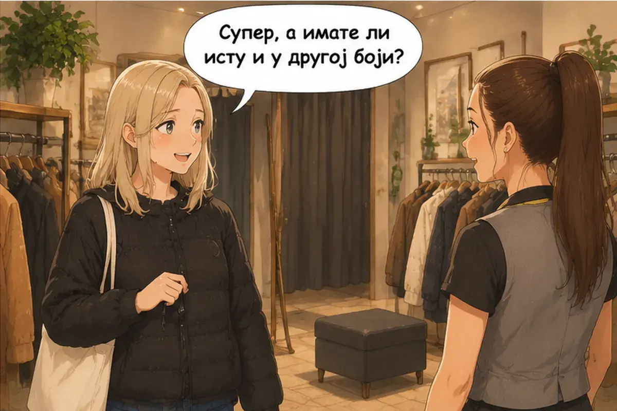 Кадр 12 из 14 к тексту «Можно примерить вон ту чёрную?»: «Отлично, а у вас есть такая же другого цвета?»