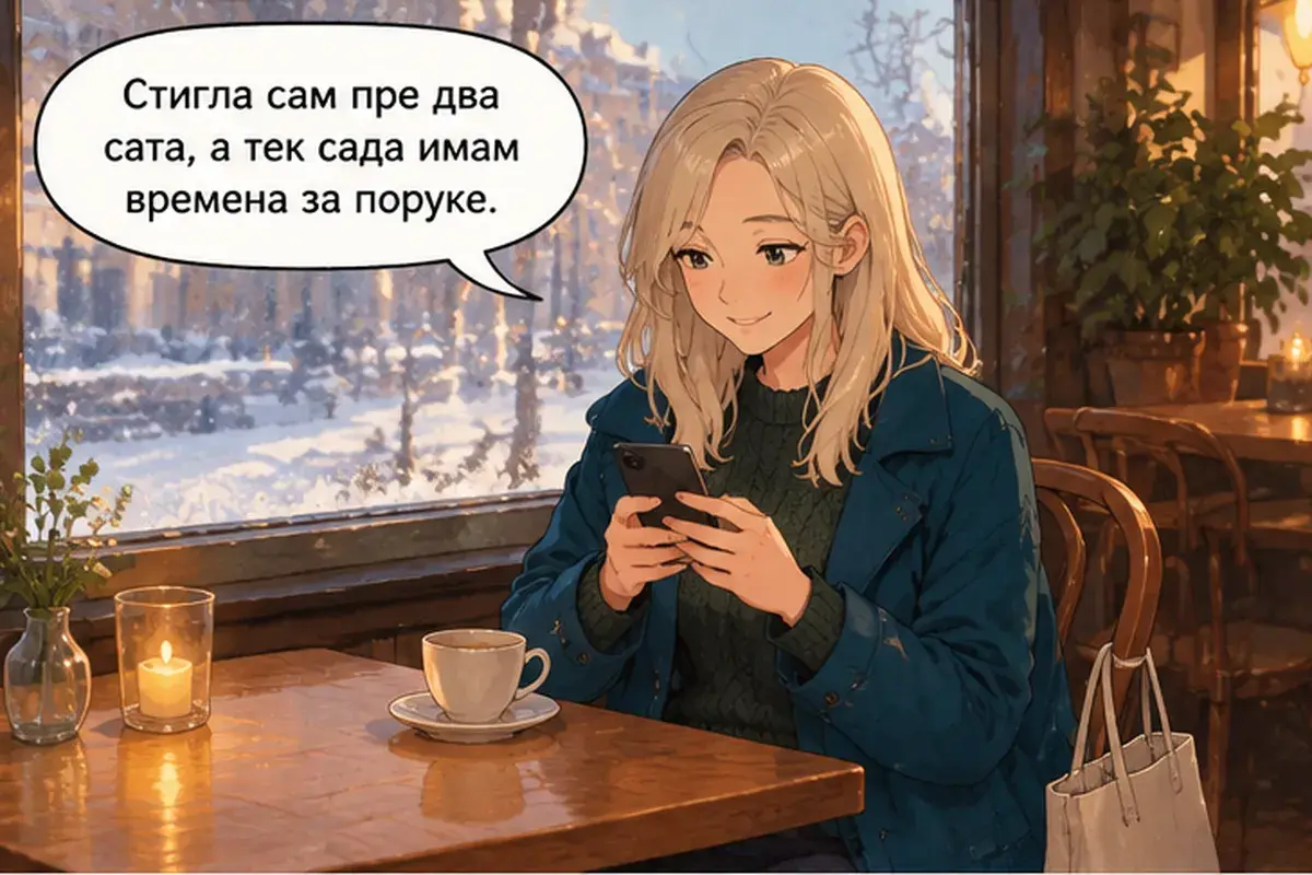 Кадр 2 из 7 к тексту «Я приехала два часа назад»: «Я приехала два часа назад, а время на сообщения у меня есть только сейчас.»