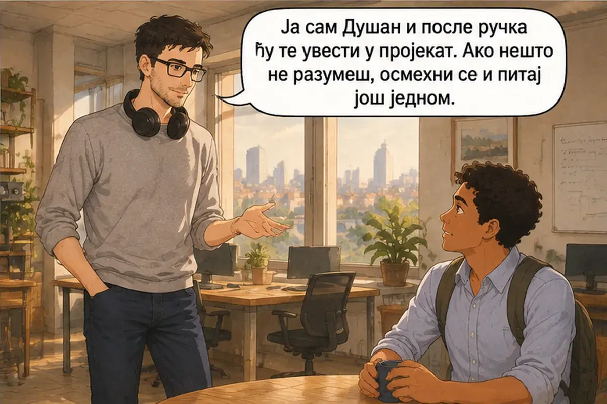 Кадр 12 из 16 к тексту «В команде мы все на «ты»»: «Я Душан, и после обеда я введу тебя в проект. Если что-то не поймёшь, улыбнись и спроси ещё раз.»