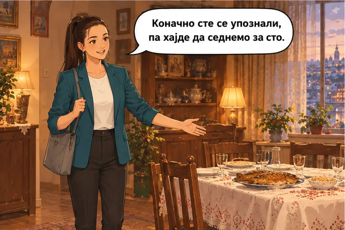 Кадр 7 из 15 к тексту «С праздником славы, хозяин!»: «Наконец-то вы познакомились, так давайте сядем за стол.»