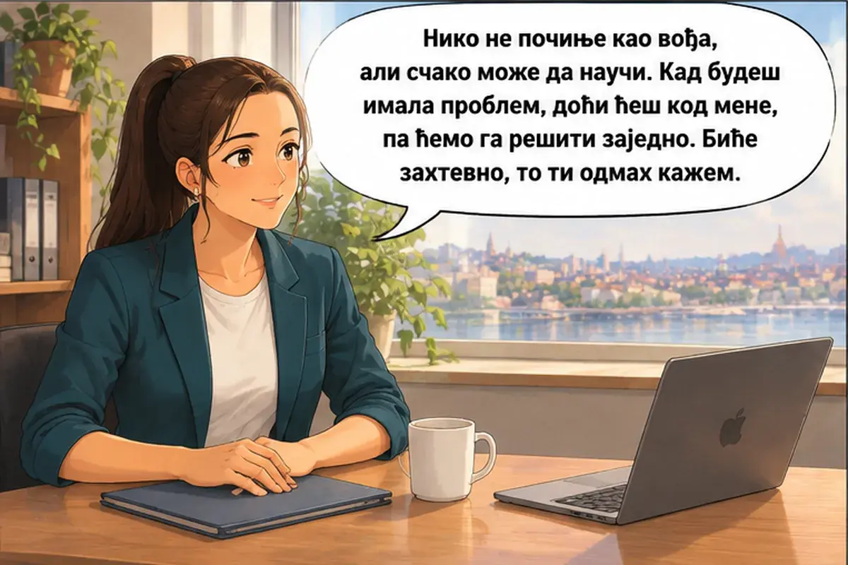 Кадр 11 из 15 к тексту «Когда будешь вести проект»: «Никто не начинает сразу руководителем, но научиться может каждый. Когда у тебя будет проблема, придёшь ко мне, и мы вместе её решим. Будет непросто, это я тебе сразу…