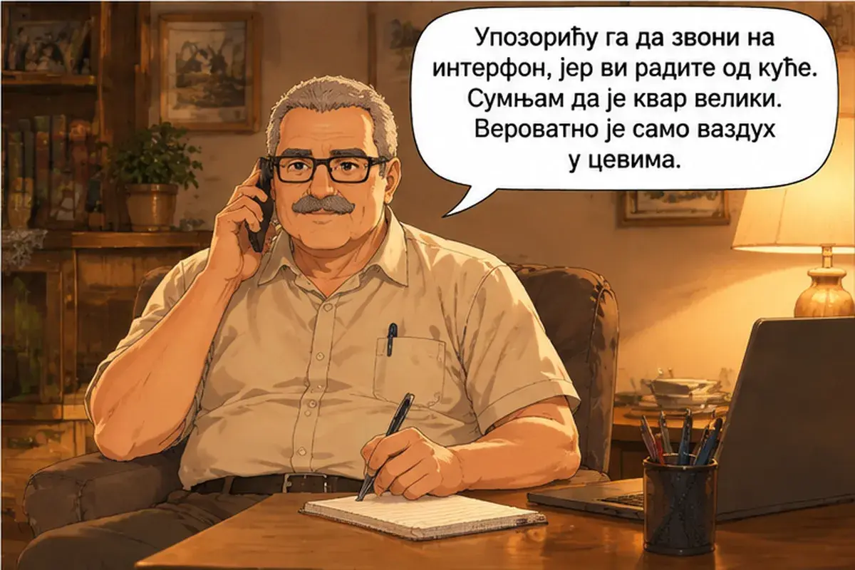 Кадр 8 из 13 к тексту «Я звонила вам и вчера»: «Предупрежу его, чтобы звонил в домофон, потому что вы работаете из дома. Сомневаюсь, что поломка серьёзная. Скорее всего, в трубах просто воздух.»