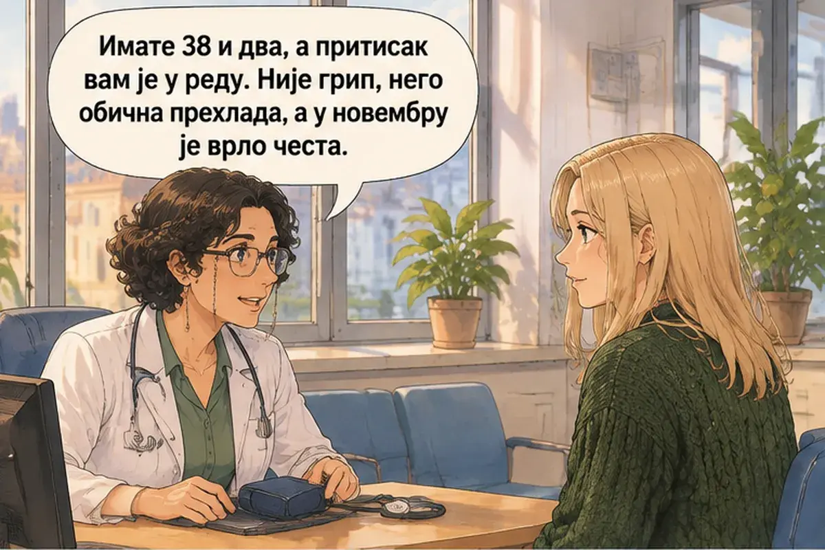 Кадр 13 из 16 к тексту «Скажите, кто ваш выбранный врач»: «У вас 38 и два, а давление в порядке. Это не грипп, а обычная простуда, и в ноябре она встречается очень часто.»