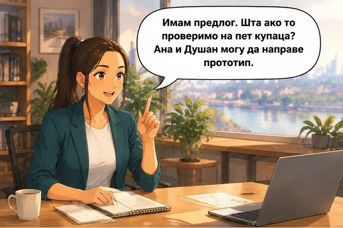 Кадр 10 из 15 к тексту «Покупатель хочет заказать бурек в три шага»: «У меня есть предложение. А что, если мы проверим это на пяти покупателях? Аня и Душан могут сделать прототип.»