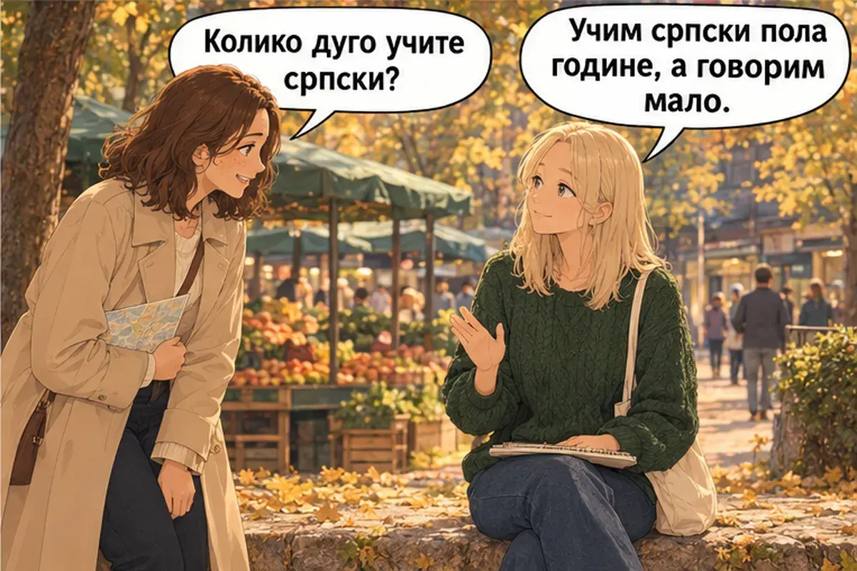Кадр 4 из 8 к тексту «Откуда вы, из России?»: «Как долго вы учите сербский?» «Я учу сербский полгода, а говорю мало.»