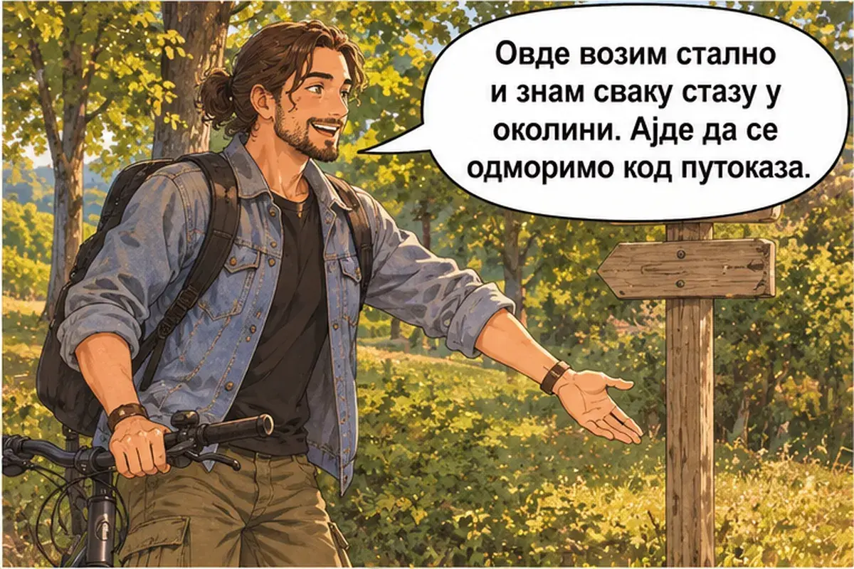 Кадр 3 из 16 к тексту «Ещё немного в гору, а потом всё под гору»: «Я здесь езжу постоянно и знаю каждую тропу в окрестностях. Давай отдохнём у указателя.»