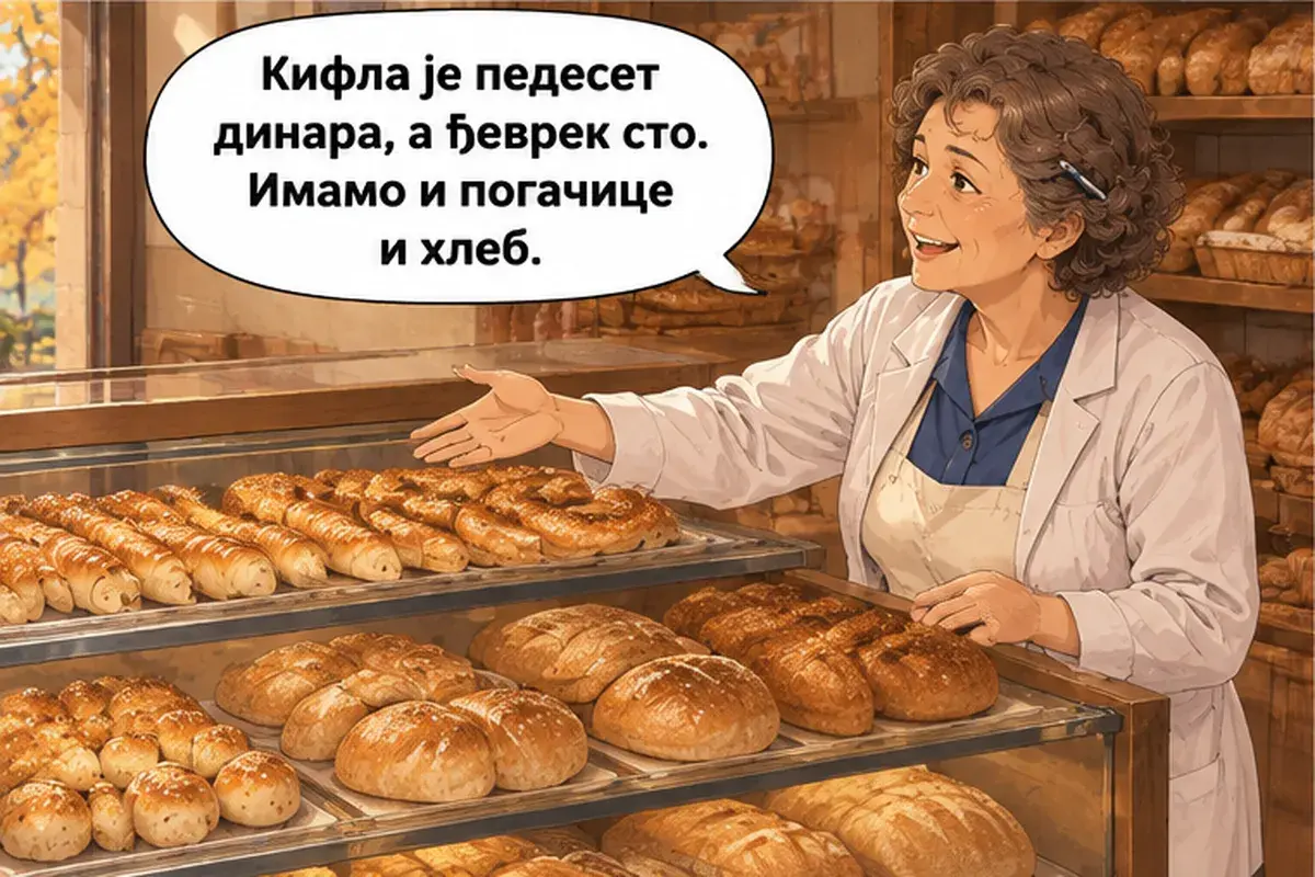 Кадр 7 из 14 к тексту «Здесь или с собой?»: «Кифла — пятьдесят динаров, а бублик — сто. Есть ещё булочки и хлеб.»