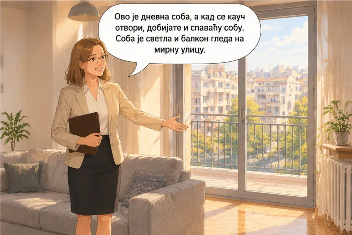 Кадр 4 из 15 к тексту «Электричество вы платите отдельно»: «Это гостиная, а когда диван раскладывается, получается и спальня. Комната светлая, и балкон выходит на тихую улицу.»