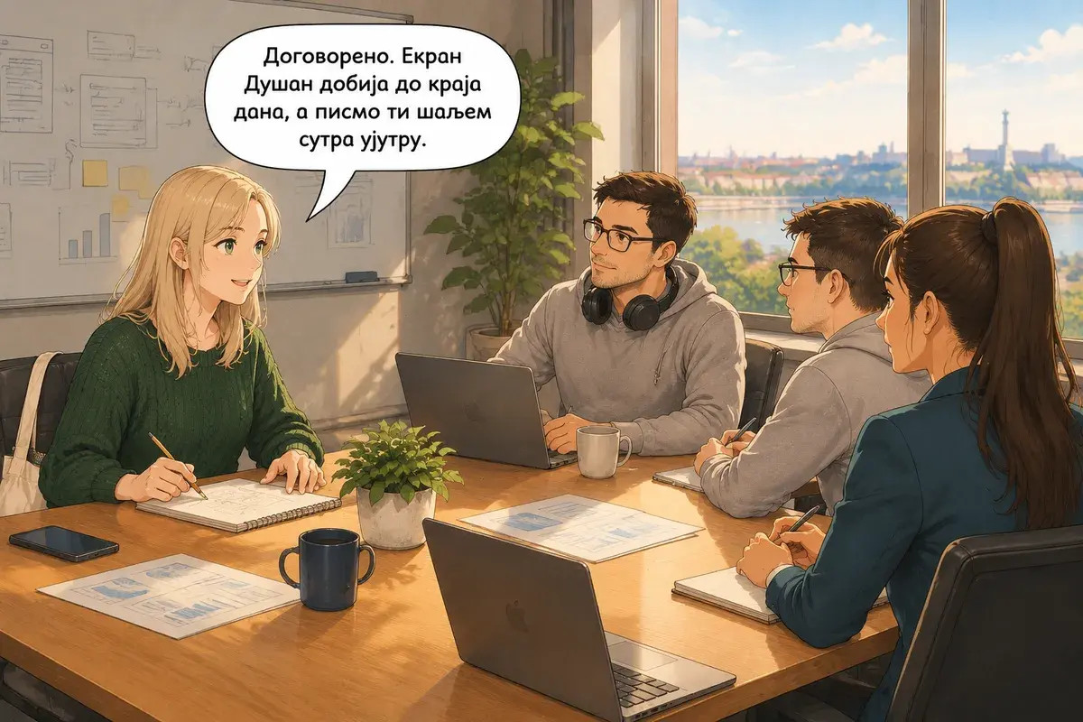 Кадр 13 из 13 к тексту «Я не могу каждый вечер работать до десяти»: «Договорились. Экран Душан получит до конца дня, а письмо я пришлю тебе завтра утром.»