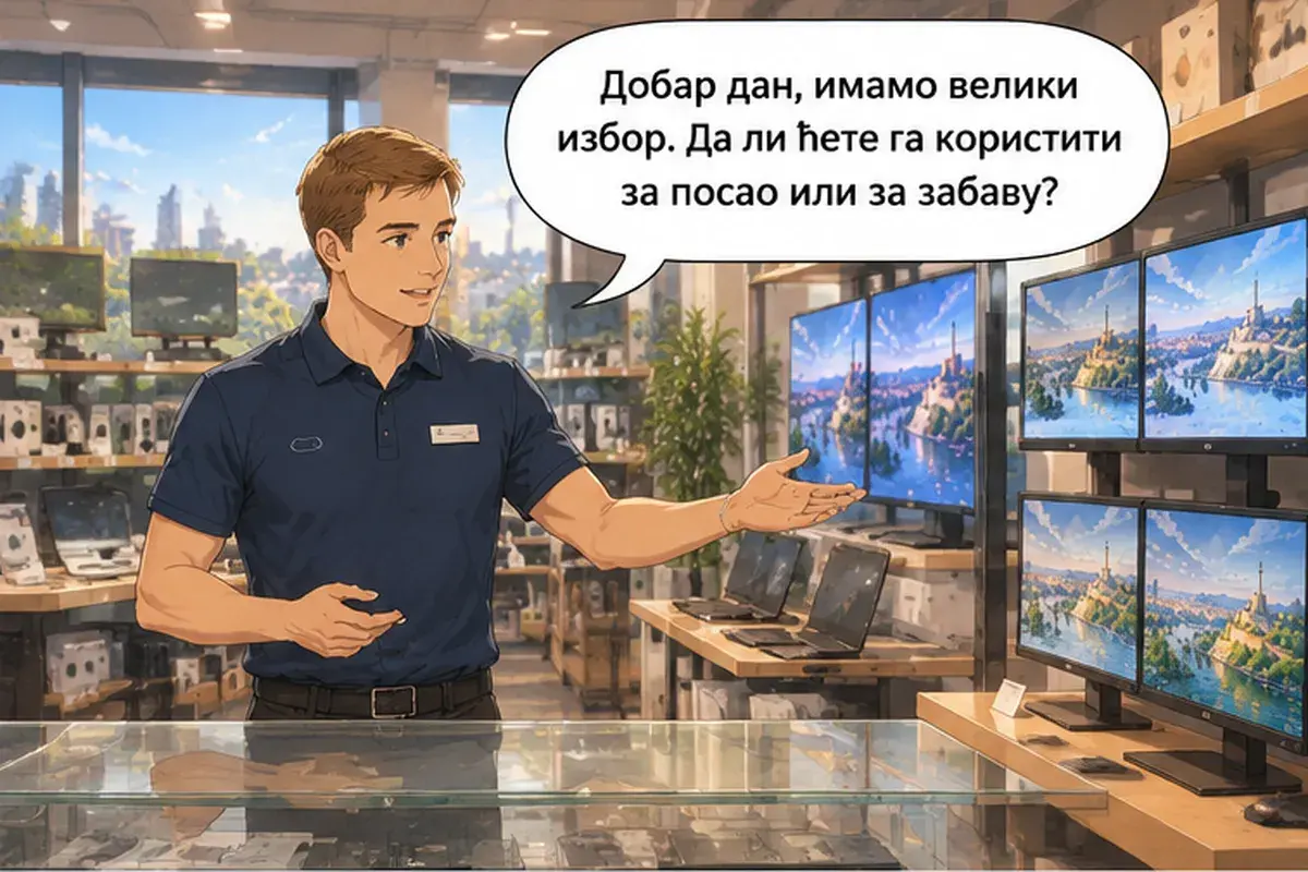 Кадр 2 из 15 к тексту «Этот монитор больше, но и дороже»: «Добрый день. У нас большой выбор. Вы будете пользоваться им для работы или для развлечений?»